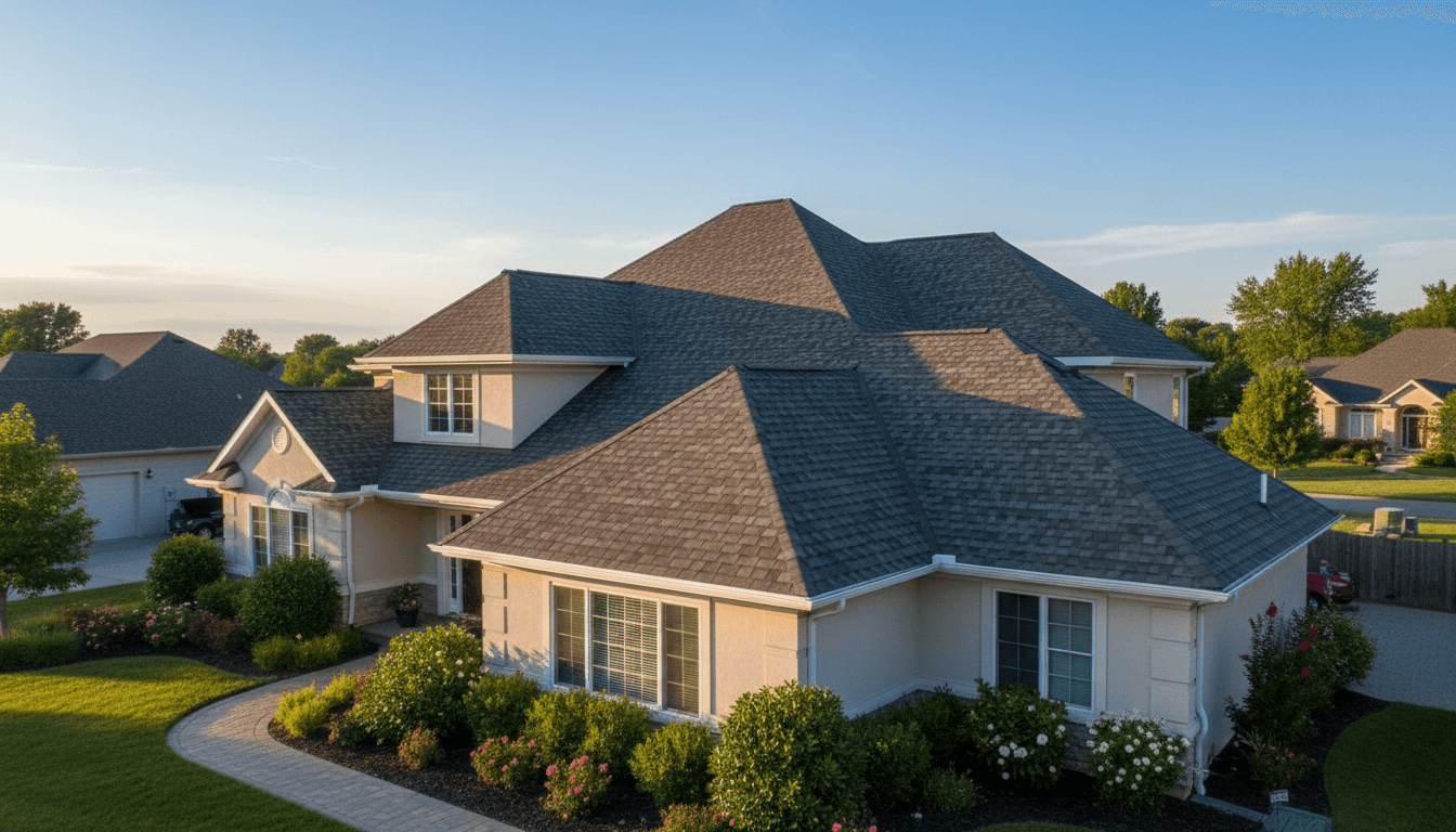 Completed residential roof installation on two-story suburban home with new gray asphalt shingles