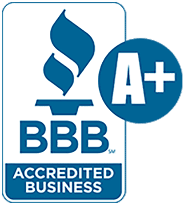 Better Business Bureau Accredited Business logo with a blue torch and A plus rating.